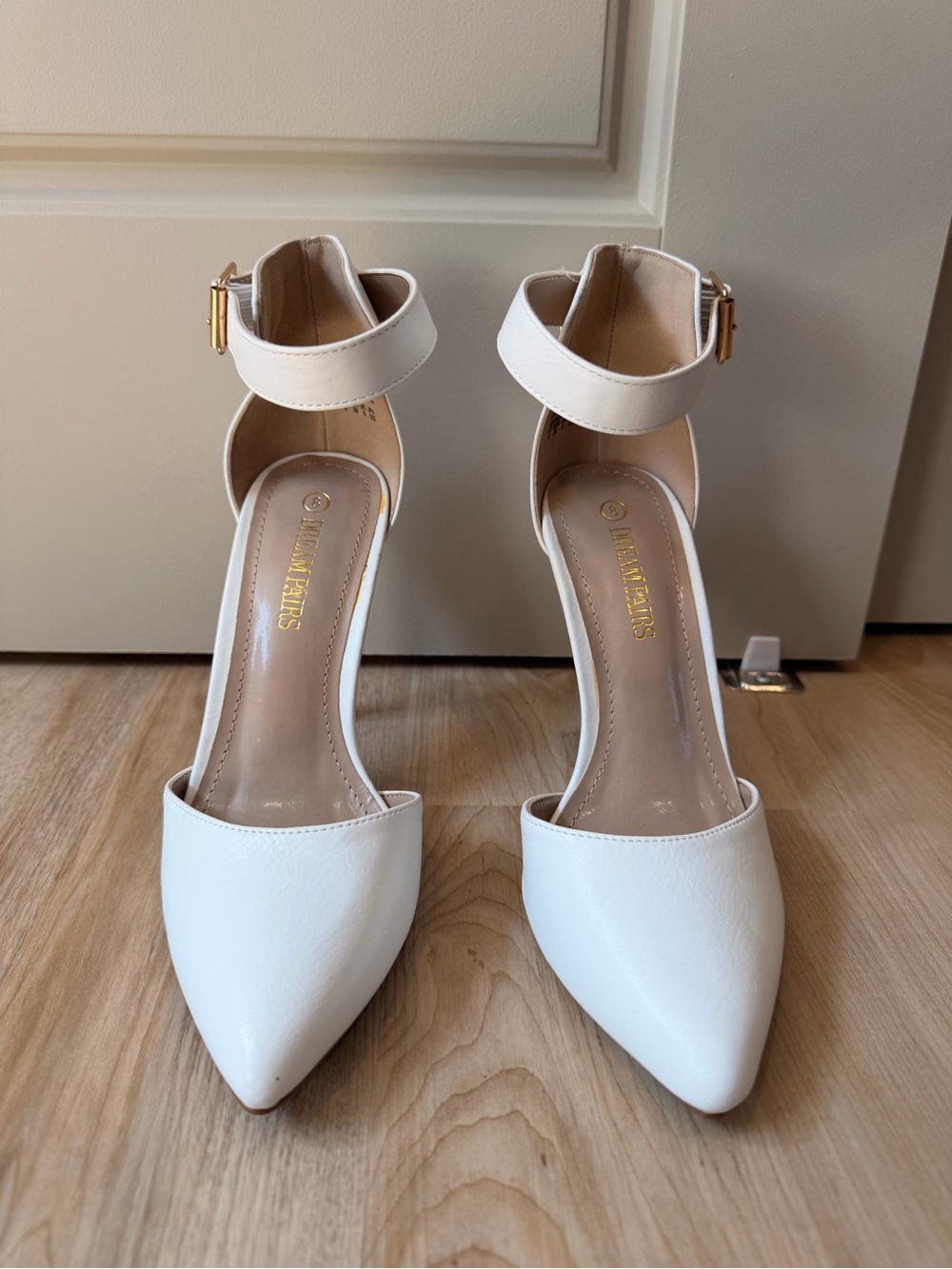 Dream Pairs Women’s White Ankle-Strap Pointed-Toe Heels